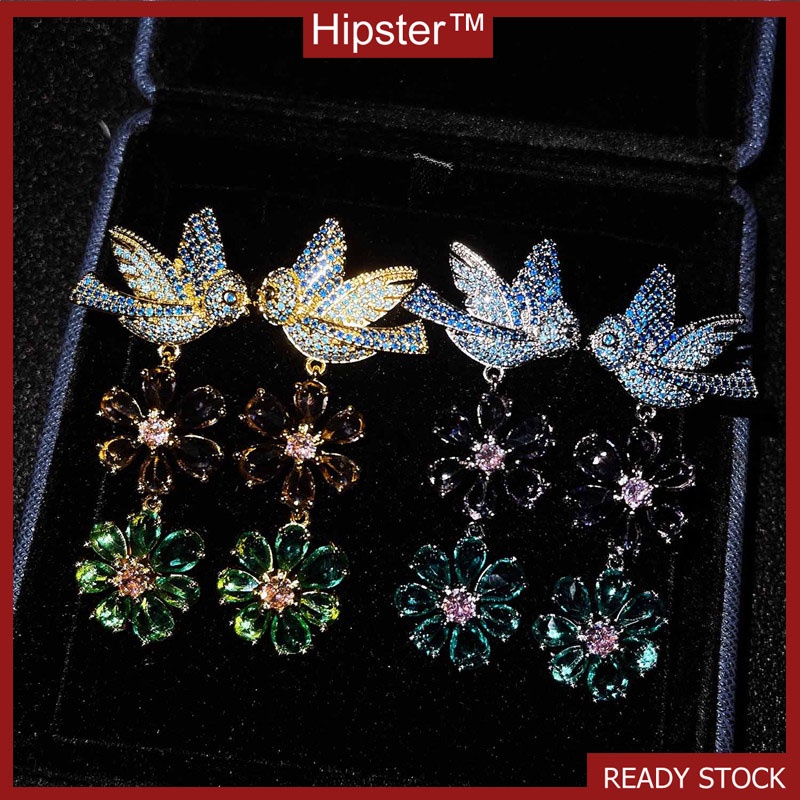 Luxury Vintage Flower Micro-Inlaid Full Diamond Bird Earrings