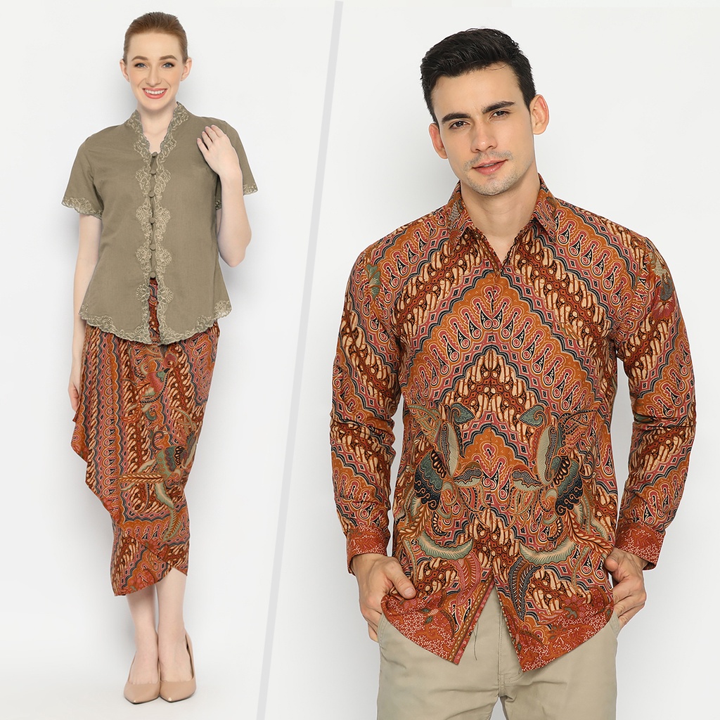 BATIK COUPLE MODERN Kemeja Rok Lilit Instan Batik Pria Lengan Panjang Premium Motif Parang Seling Kusumo Orange 721057 CAP 72