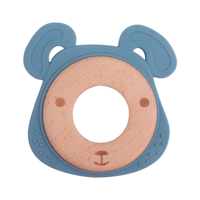 Mary Mainan Rattle Teether Silikon Bentuk Kartun Kepala Beruang Aksen Manik-Manik Kayu Untuk Bayi