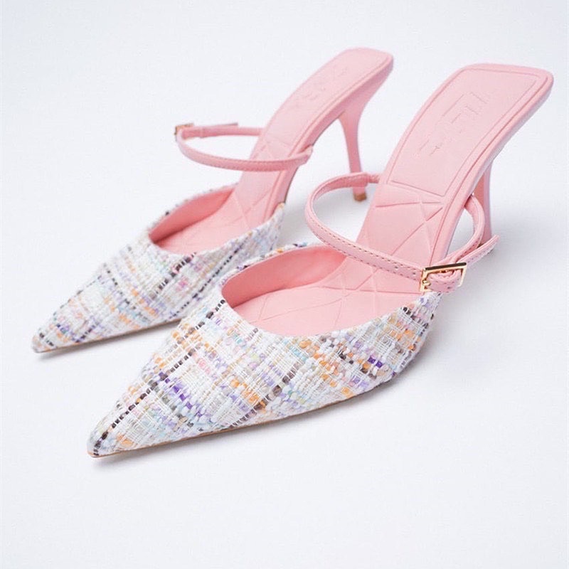 zara heels tweed pink point heels