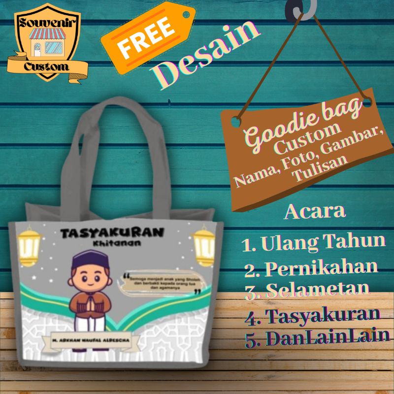 

Tas Goodie bag Custom Nama Foto Tulisan Gambar Souvenir Tasyakuran Aqiqah Ulang Tahun Happy Wedding Pernikahan Khitanan Sunatan Terlaris Terlaku Harga Murah