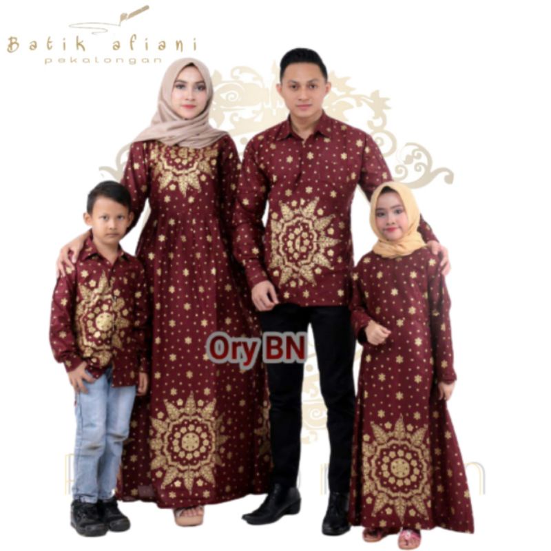 Maura Couple - Sania Ruffle Batik Keluarga Couple Jazy Gamis Syar'i - Gamis Kerah Jazy Terbaru Motif Matadaun Maroon 2022