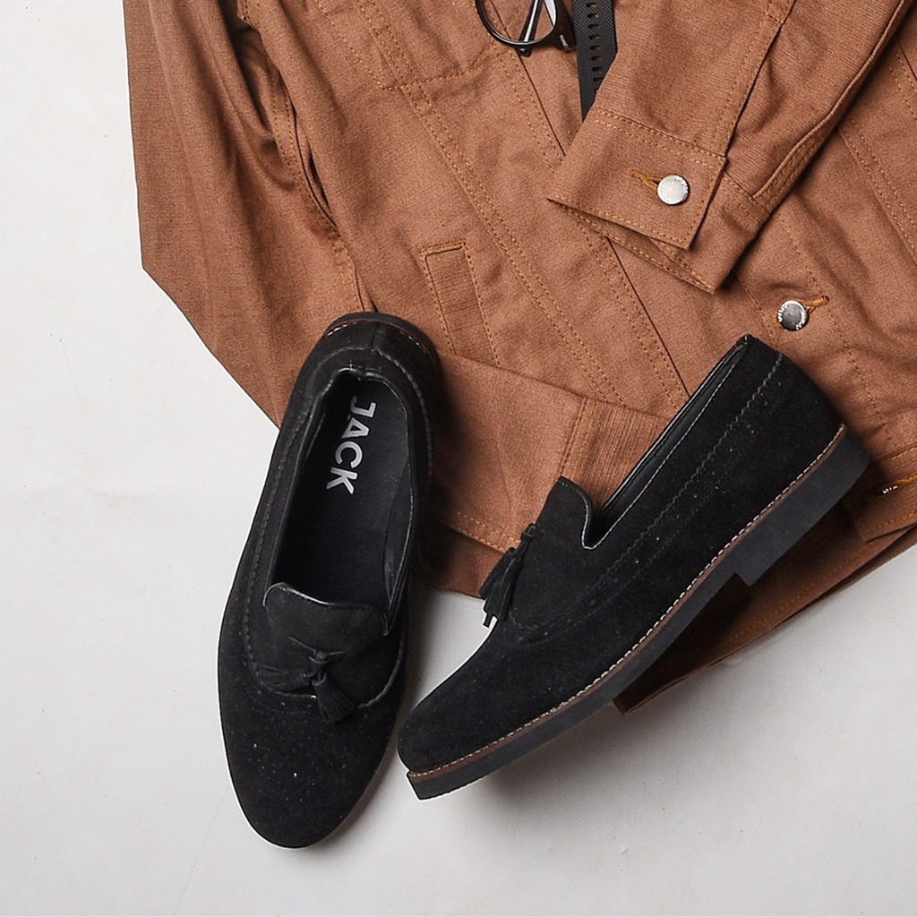 Pierre Black | Sepatu Hitam Tanpa Tali Loafers Pria Casual Kerja Formal Kantor Laki | FORIND x JACK