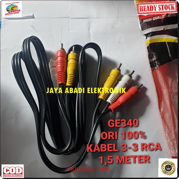 G340 ORIGINAL kabel rca audio video 1,5 meter sound suara tv dvd stereo jek jack sambungan elektronik elektrik monitor speaker spk musik DLL multi fungsi universal G340  KABEL RCA AUDIO VIDEO 3 - 3 kuning merah biru * Penyambungan Kabel Multifungsi Audio.