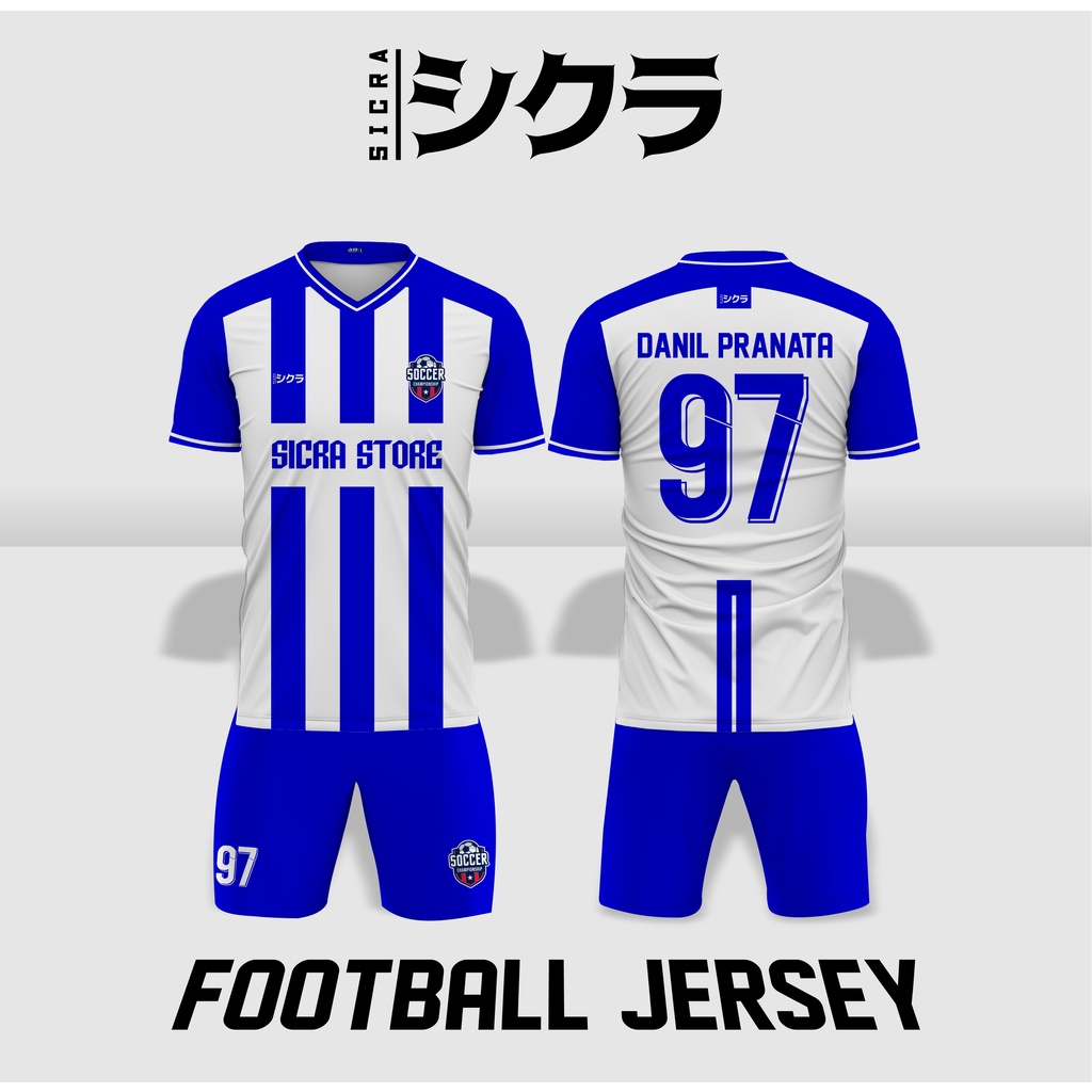 Jersey Futsal Sepak Bola Motif Songket Corak Garis Biru Putih Printing Satu Set Jersey & Celana | Bl