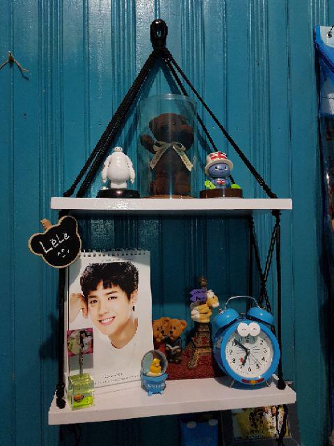 Rak Dinding Gantung Pot Tanaman 2 Susun Putih Tali Hitam Minimalis