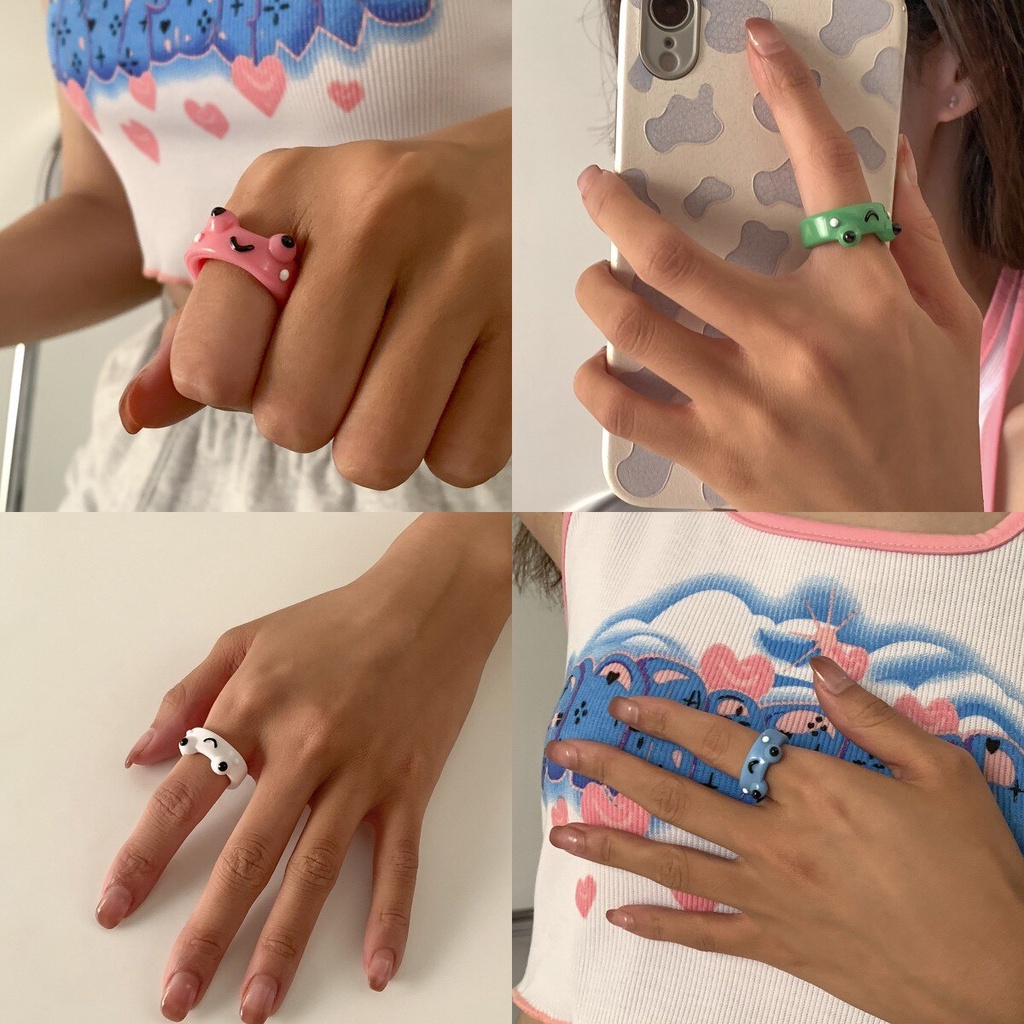 Cincin Bentuk Hewan Katak Bahan Polymer Clay Resin Untuk Wanita