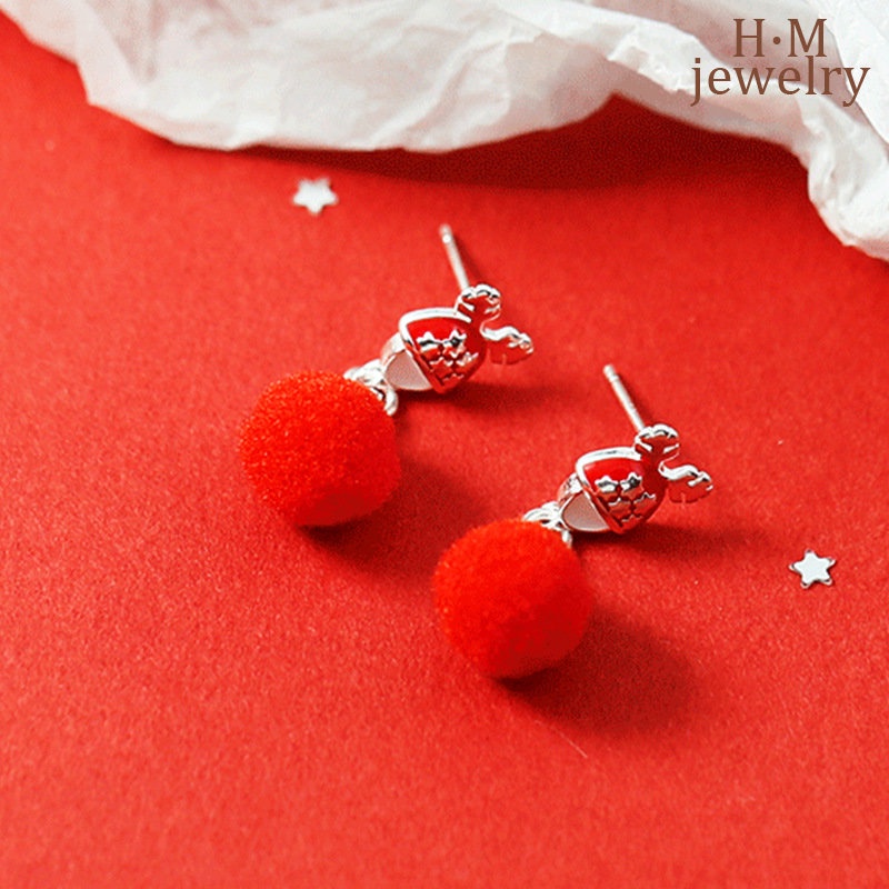 Anting Tusuk Sterling Silver 925 Model Santa Claus / Rusa Natal Dengan Bola Bulu Mink Untuk Wanita