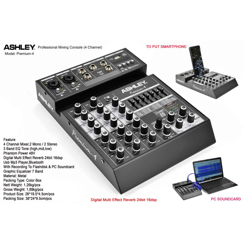 Mixer 4 Channel Podcast ASHLEY PREMIUM 4 USB PC Recording Soundcard Audio Interface Efek Reverb