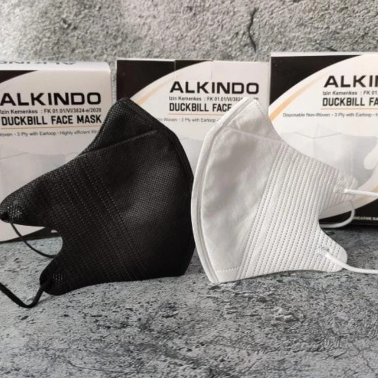 Masker Duckbill Alkindo 4 ply Earloop Black White Lapisan Hitam Putih Warna Cantol Telinga