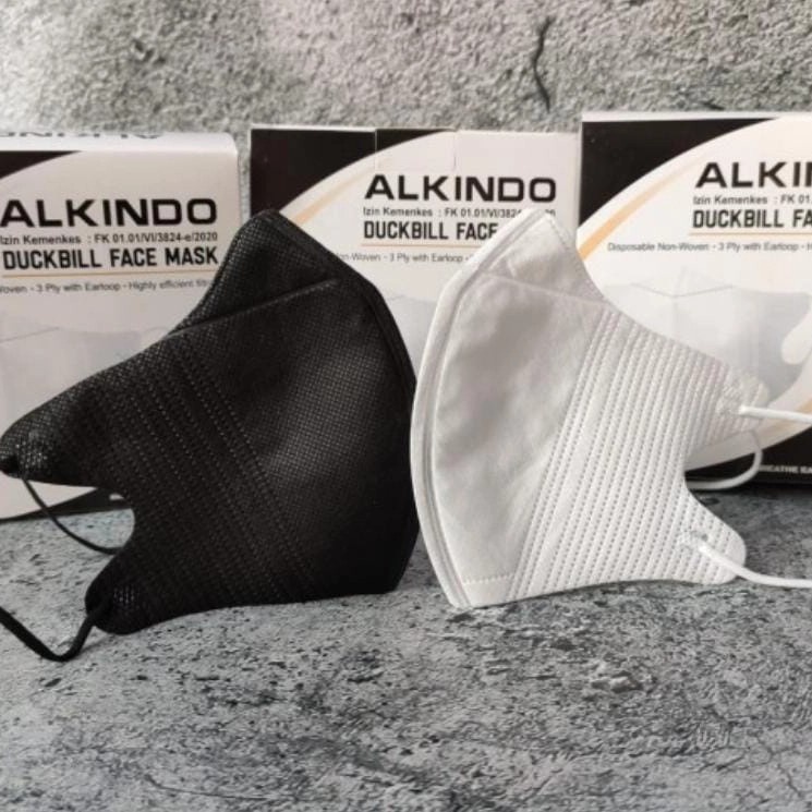 Masker Duckbill Alkindo 4 ply Lapisan Hitam Putih Warna Telinga