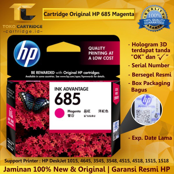 Catridge Tinta HP 685 Magenta Original Ink Cartridge CZ123AA Katrid Printer 4615 4625 3525 5525 6525