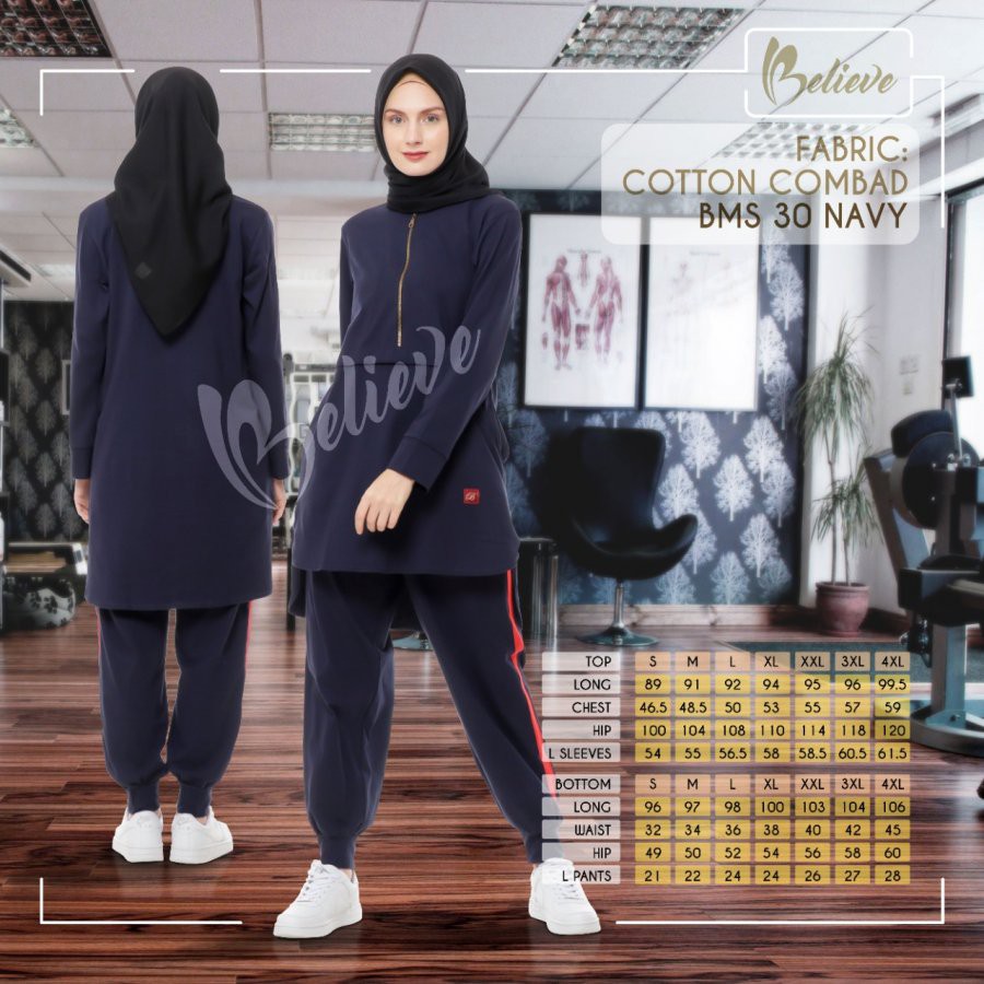 BAJU SETELAN SPORT WANITA SYAR'I OLAHRAGA MUSLIMAH BMS 30 BELIEVE PAKAIAN