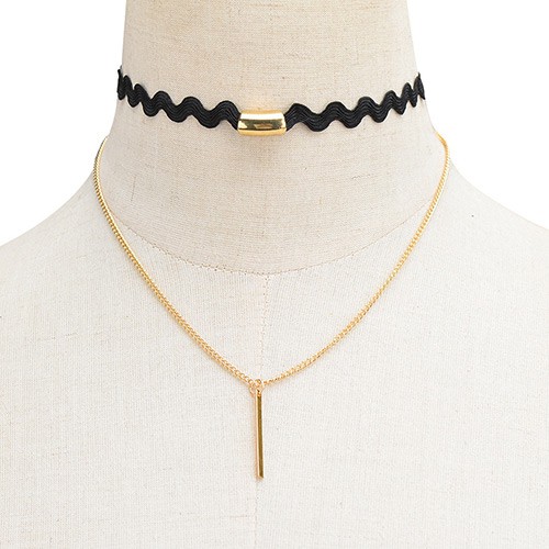 Kalung Choker Korea Premium Double Layer Hitam LIontin Garis Emas C78815