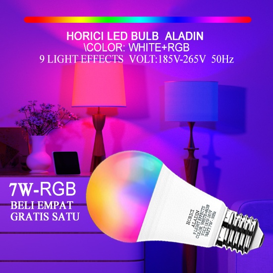 HORICI BELI 4 FREE 1 LAMPU BOLA RGB E27 7W / RGB WARNA WARNI / LAMPU KENDALI JARAK JAUH RGB