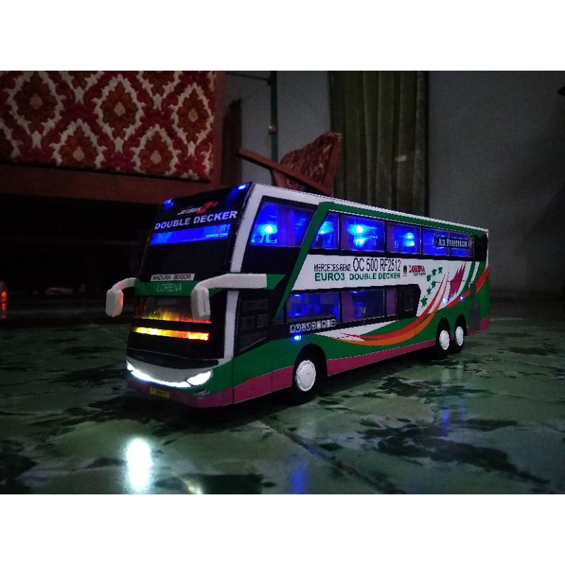 Miniatur Bus Lorena Double Decker Full Spek Skala 1:43 Full Interior Pintu+kap mesin buka tutup
