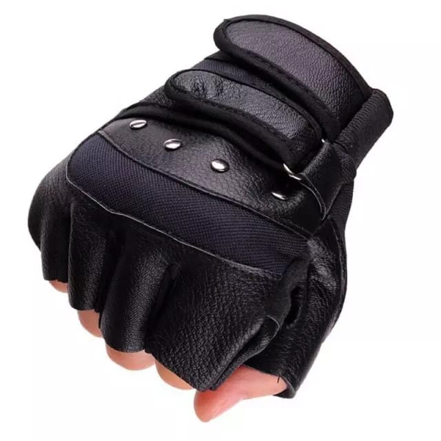 Sarung Tangan Motor Semi Kulit Knucle besi Unisex Half Finger dengan 2 Strap - W-S03