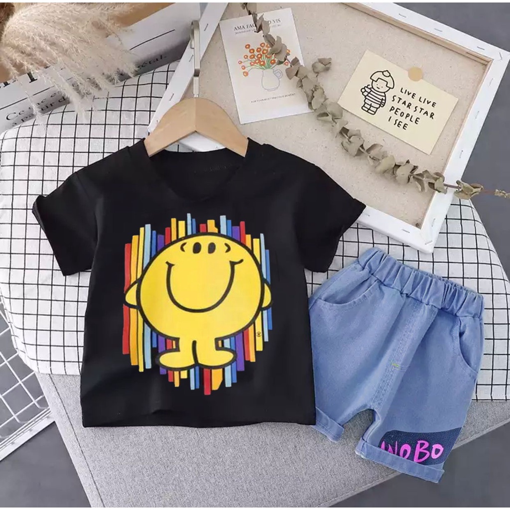 PROMO SETELAN KAOS ANAK CELANA DENIM PENDEK MOTIF WOBO SMILE 1-5 TAHUN SETELAN BAJU ANAK TERBARU SETELAN BAJU ANAK LAKI LAKI DAN PEREMPUAN TERBARU