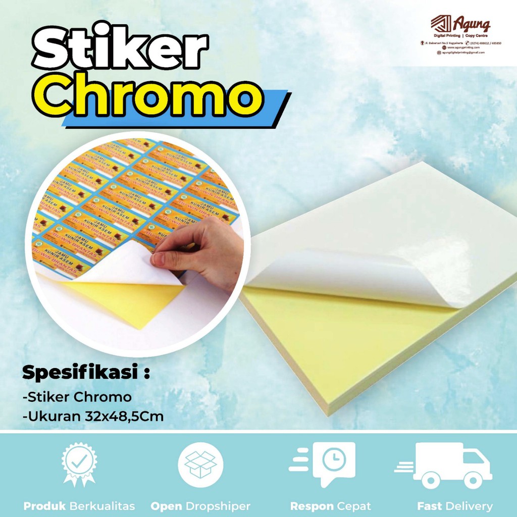 

Cetak Sticker A3+ Chromo Custom Tanpa Potong Stiker Label Makanan / Label Produk / Seal Box