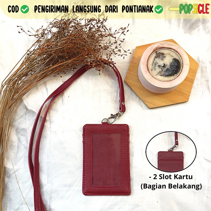 

Lanyard Termurah Flashee Berkualitas Maroon PU Leather Lanyard Name Tag ID Card Holder Kulit