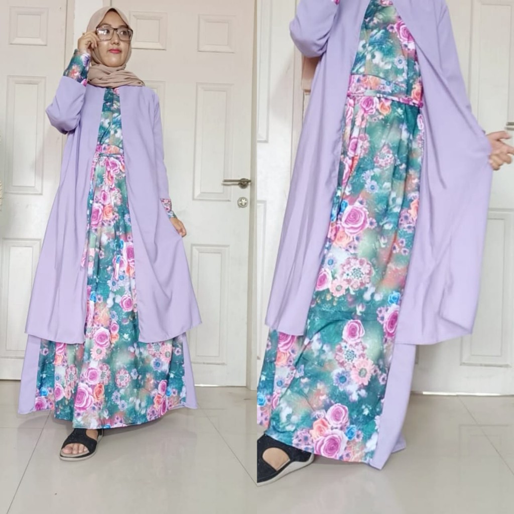 lijna11 Gamis Set Cardi | Gamis Cardigan Motif Kombinasi | Gamis Outer