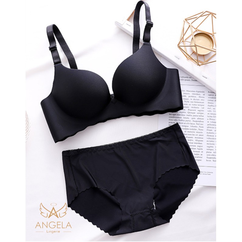 [ COD ] ANGELA Premium JAPAN Quality Seamless Sport Push Up Bra Set Celana Dalam Wanita Tanpa Kawat-Black