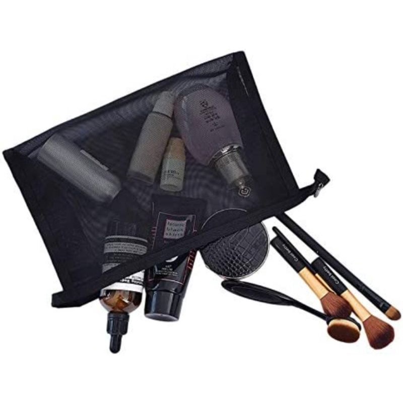 Tas Kosmetik Ritsleting Makeup Mesh Tas Tempat Pensil Kantong Perlengkapan Mandi Perjalanan Kit Set Tempat Penyimpanan (Hitam)