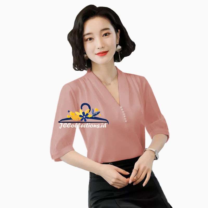 Korea Blouse lengan pendek Variasi mutiara di leher Nattya - JCCOllections