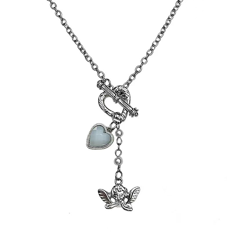 Korean Style Necklace Angel Pendant Heart OT Buckle Elegant Chain Women Fashion Accessories