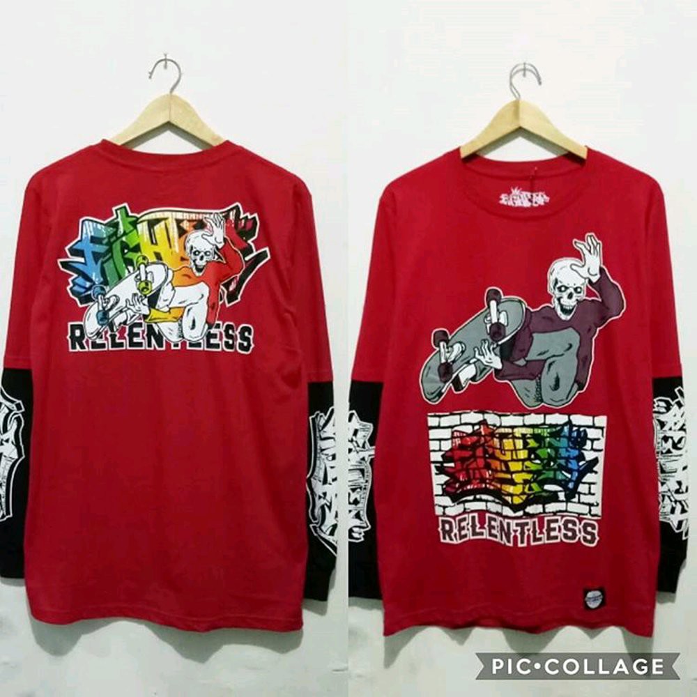 DISKON BAJU PRIA BAJU KAOS TSHIRT LENGAN PANJANG MERAH HITAM KAOS KEKINIAN KAOS GAUL TERLARIS