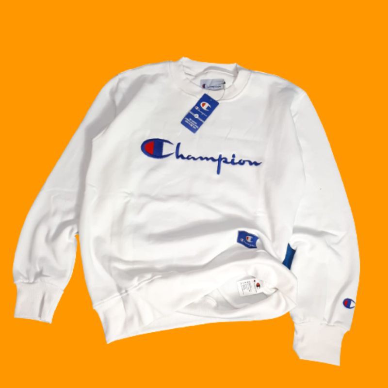 CREWNECK CHAMPION SCRIPT TEKS BORDIR TIMBUL WARNA PUTIH FULL TAG SWEATER PRIA WANITA BISA COD