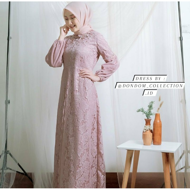 Azura Dress Brukat / Gamis Brukat Premium Payet Mutiara - Custom Size (Busui/No Busui)