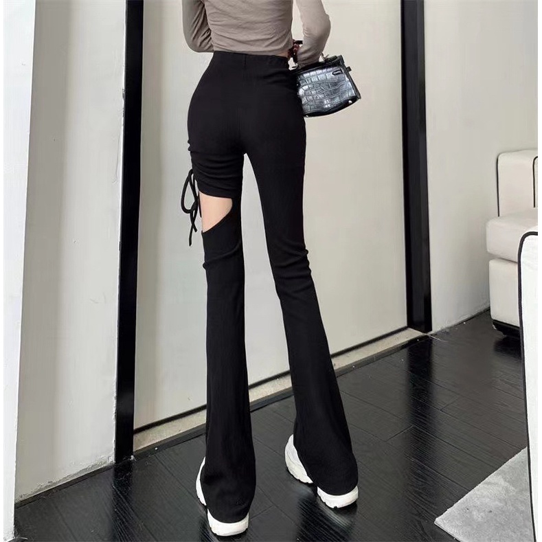 H7 cp1/27 New fashion Long pants cutbray highwaist korean style import / Celana panjang wanita pinggang tinggi tali serut  variasi bolong paha