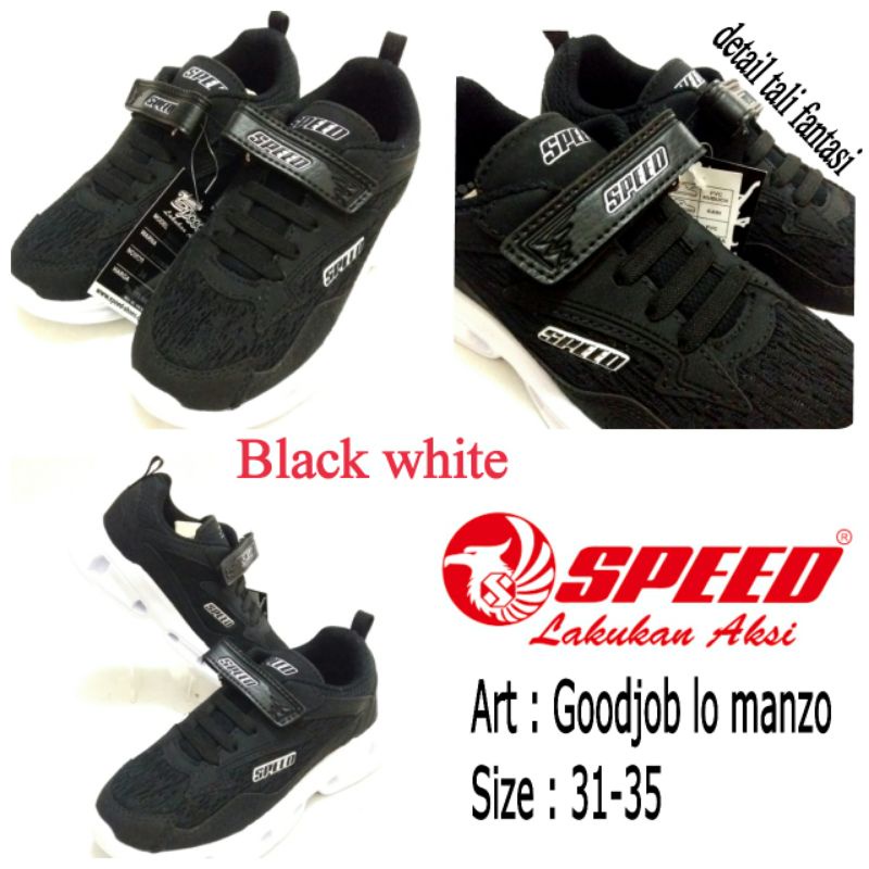 SEPATU ANAK SEKOLAH UNISEX KREKETAN HITAM PUTIH  SPEED GOODJOB LO MANZO  size 31-35