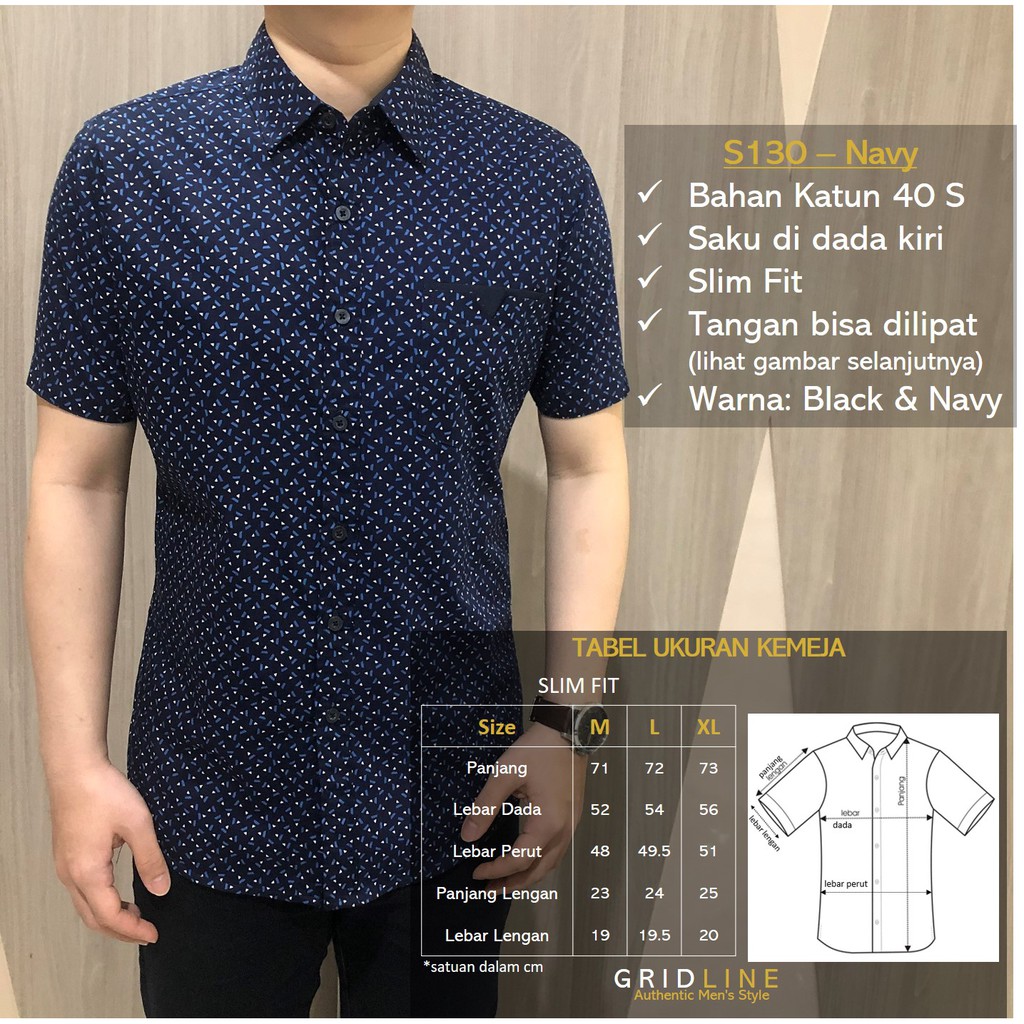 [GRIDLINE - S325 Splash Navy &amp; Black - S130 Black &amp; Navy] Kemeja Pria Lengan Pendek Slimfit Katun Motif Simpel