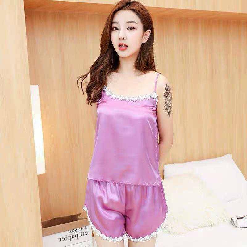 PEPOY Setelan Tank Top Satin Import /Set Tank Top ( HP ) Renda / Baju Tidur Hotpant Renda Sexy Set Amora.