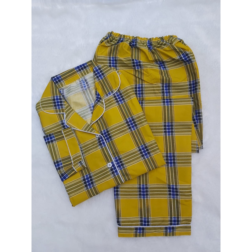JNV Piyama PP Wanita Motif Kotak 2 - Baju Tidur Lengan Panjang - Bahan Katun Premium-Berry-Berry Kuning