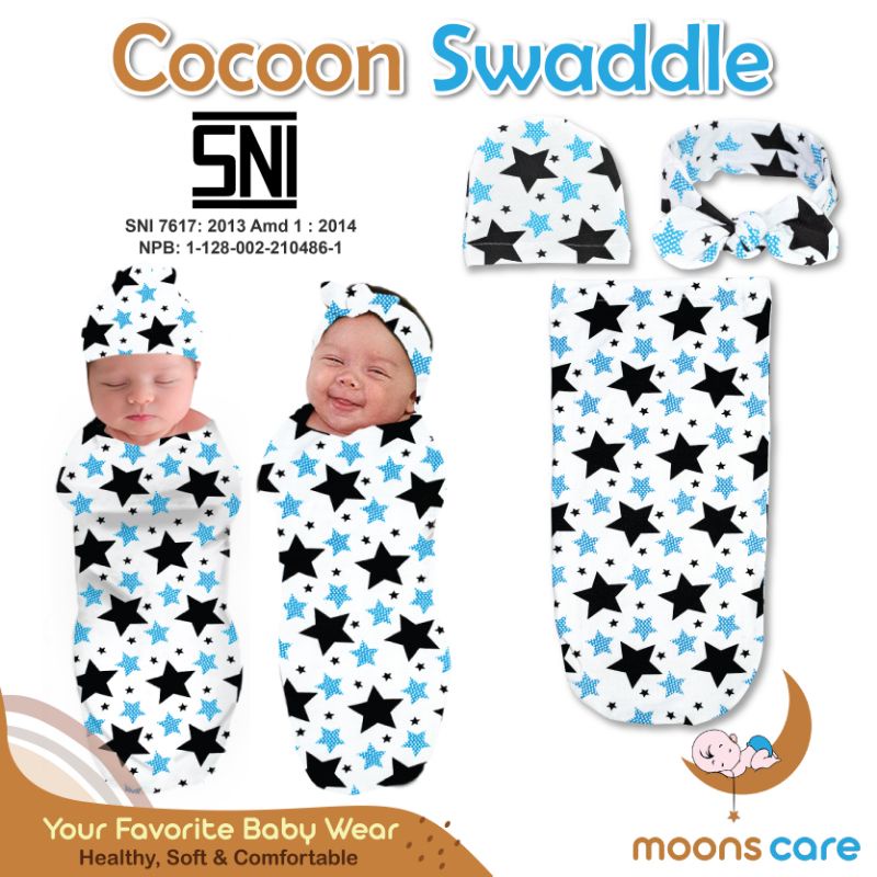 SNI [Perlengkapanbayimurah] Bedong Cocoon MOTIF Dita Moons Care Swaddle 1 lapis motif Bonus Bandana topi