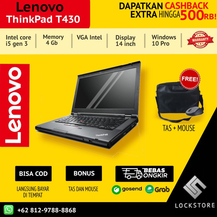 {bekas} lenovo thinkpad T430 core i5 gen 3 - ram 4 gb - bergaransi ORI - 14inc Berkualitas