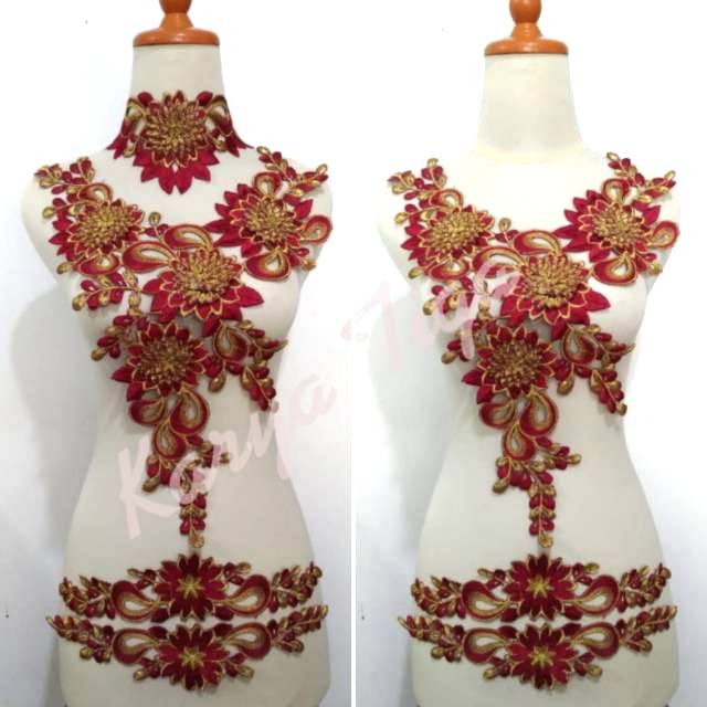 Renda Bordir Dahlia Set Merah Marun