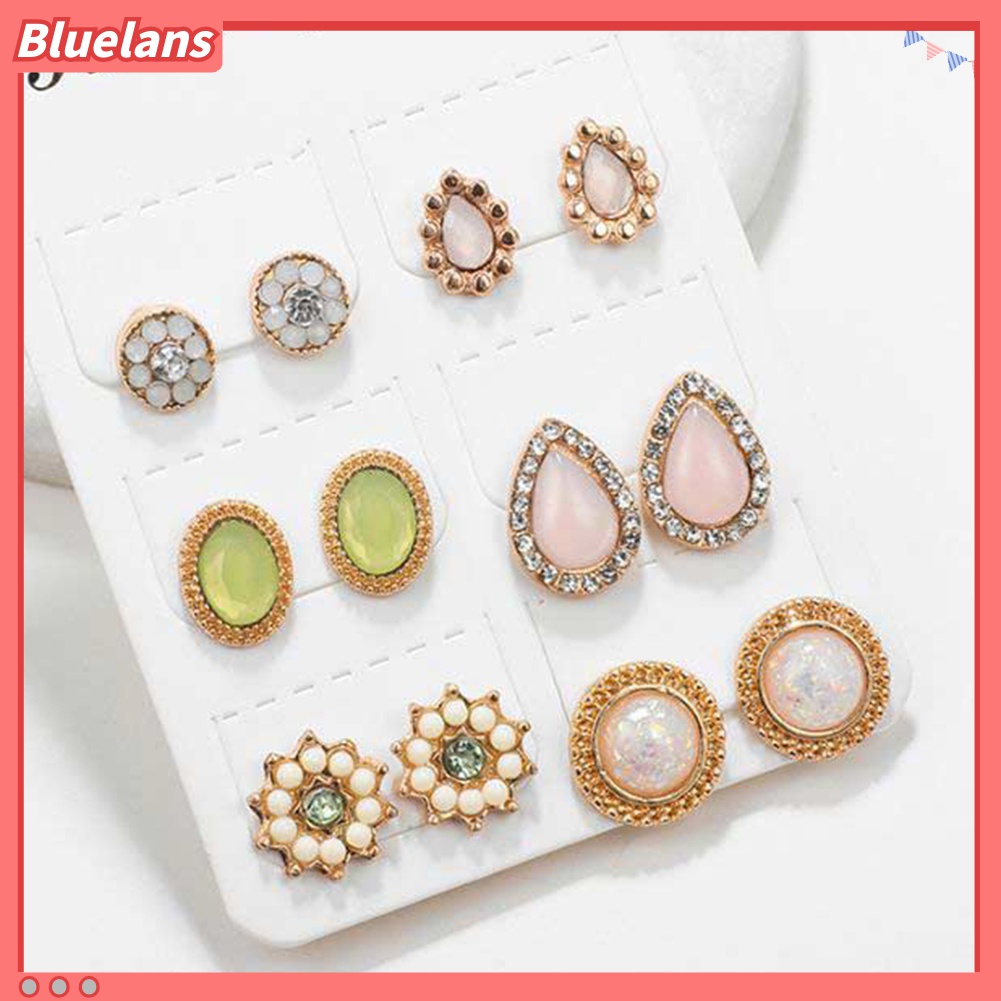 6 Pasang Anting Stud Opal Berlian Imitasi Bentuk Tetesan Air Bunga Untuk Wanita