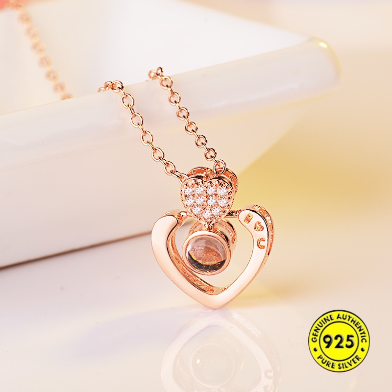 Kalung S925 Sterling Silver Liontin Berlian Bentuk Hati Warna Rose Gold Untuk Wanita