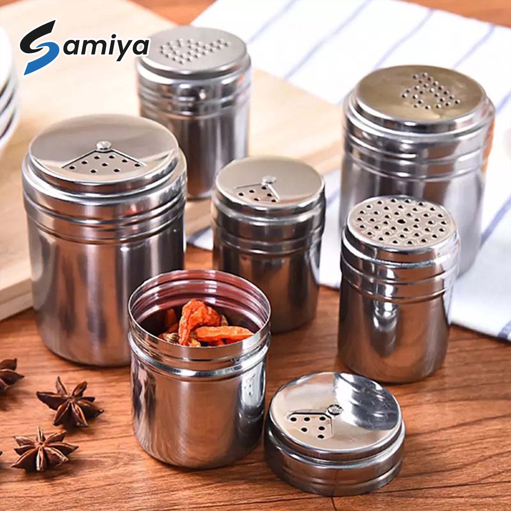 stainless powder can spice chili pepper sugar rotating multi purpose / tempat penabur merica lada cabai garam micin bumbu dapur / tempat penyimpan bumbu BBQ