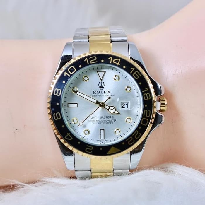 Jam Tangan Rolex Pria Ring Putar Tanggal Aktif - Silver Gold plat Putih