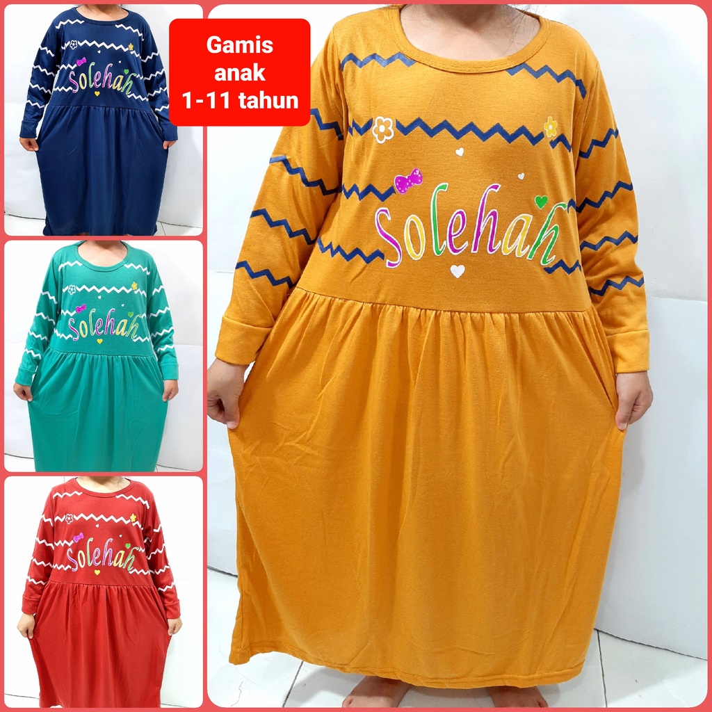 Gamis anak muslim perempuan 1- 11 tahun pakaian kaos tangan panjang cewek kerut SOLE-HAH zigzag