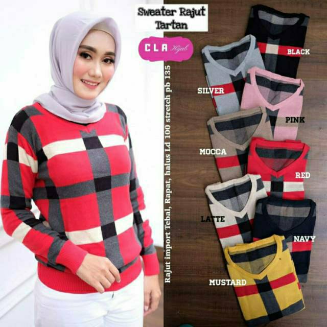 Sweater Rajut Tartan, sweater, sweater muslim, outer, sweater rajut, bahan rajut import, kekinian