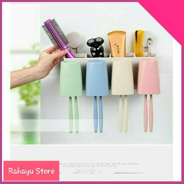 RS RA777 Set Despenser Odol Pata Gigi Despenser Sikat Gigi Tempat Odol 4 Gelas Despenser Praktis