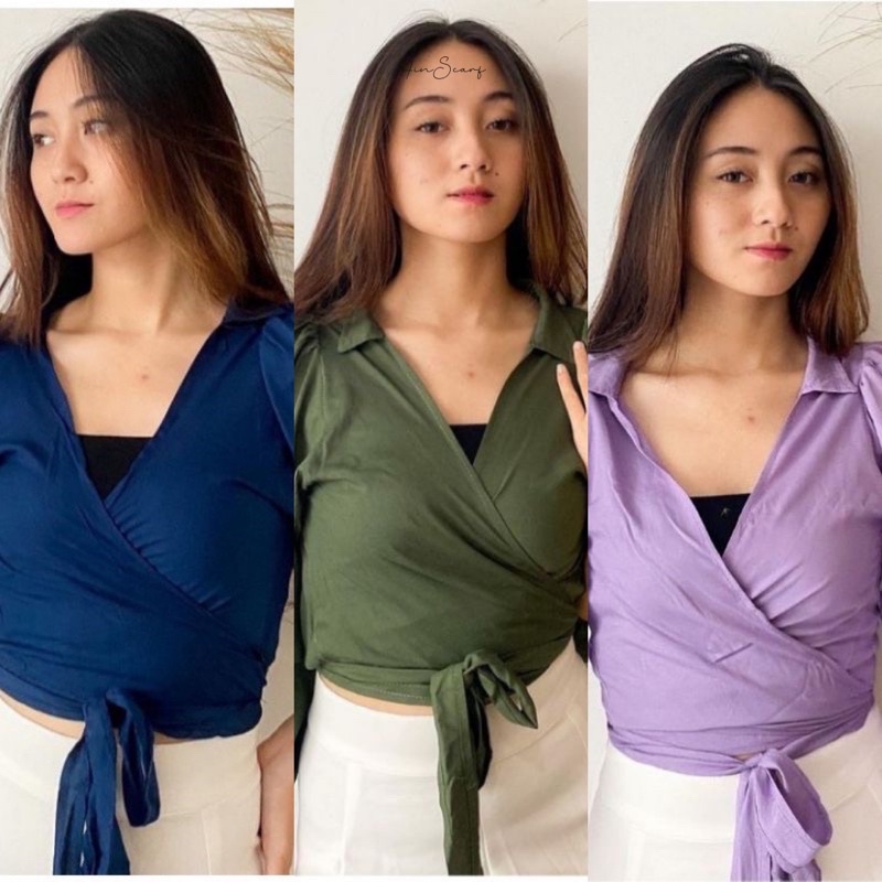FINSCARF - KAIRA CROP WRAP BLOUSE / WRAP TOP / BAJU KEMEJA ATASAN WANITA LENGAN PANJANG