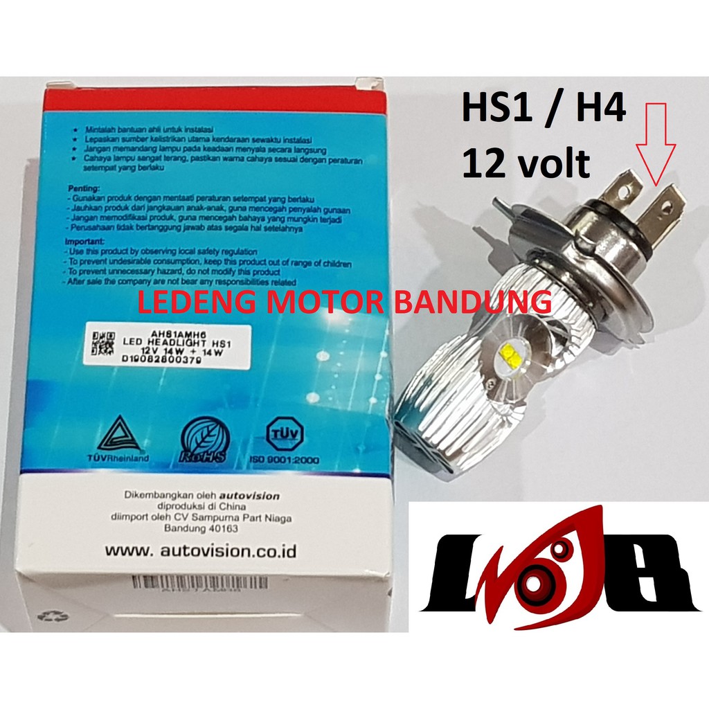 HS1 Autovision Headlamp Led Lampu Motor H4 6000k Putih 12v PnP Hi Low