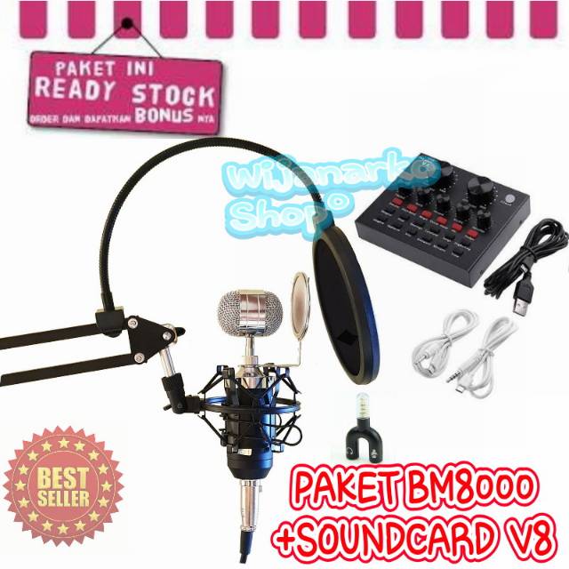 PAKET REKAMAN LIVE STREAMING PRO [3] BM8000 + AUDIO SOUNDCARD V8 SERIES DAN POP FILTER